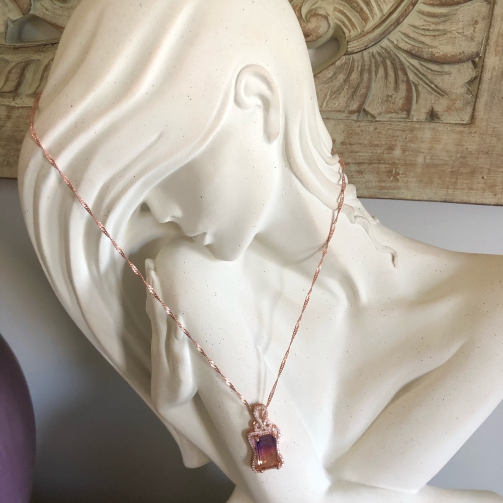 Rainbow Colored Large Emerald Cut Stone Statement Necklace Gold Tone Long Chain